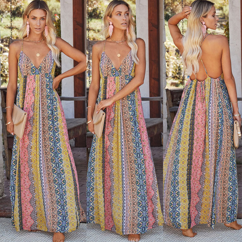 V neck Backless Spaghetti Strap Floral Print Swing Dress