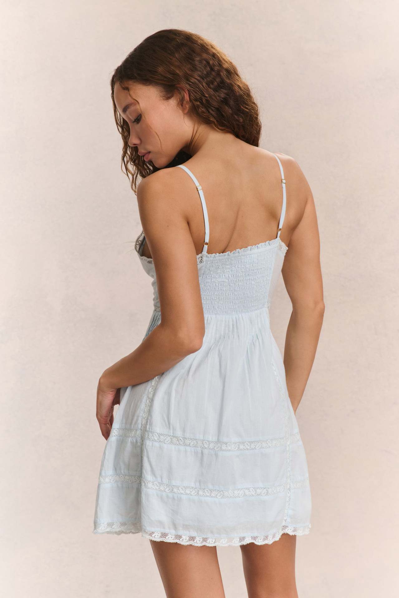 Lace Insert Pintuck Deep V Spaghetti Strap Tiered Ruffle Mini Dress