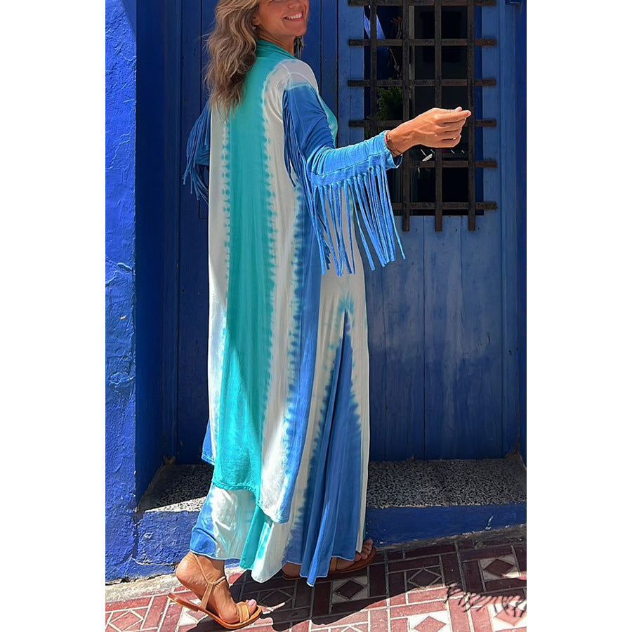 Song of The Vagabond Tie-dye Print Open Front Tassel Duster Cover-up