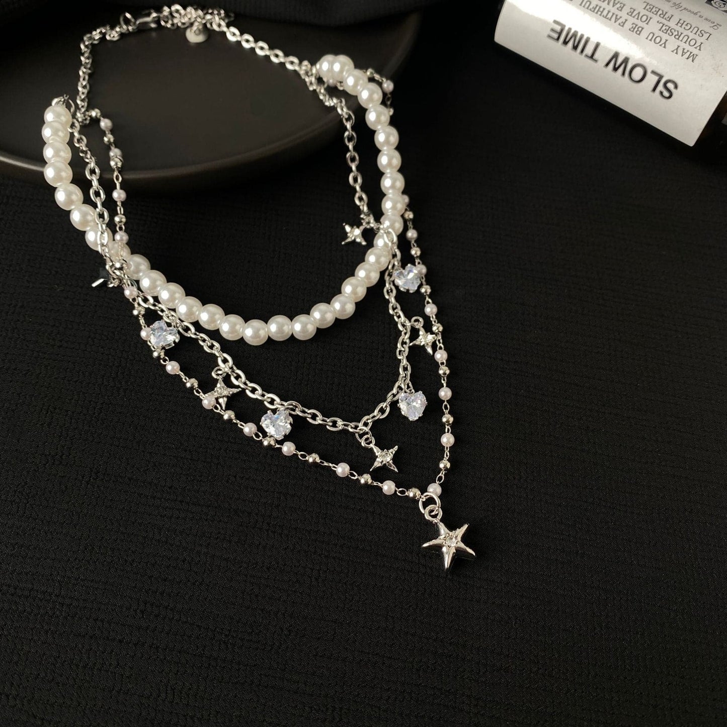 Layered star pendant choker necklace