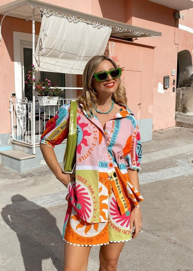 Viva Solare - Graphic Sun Print Puff Sleeve Set