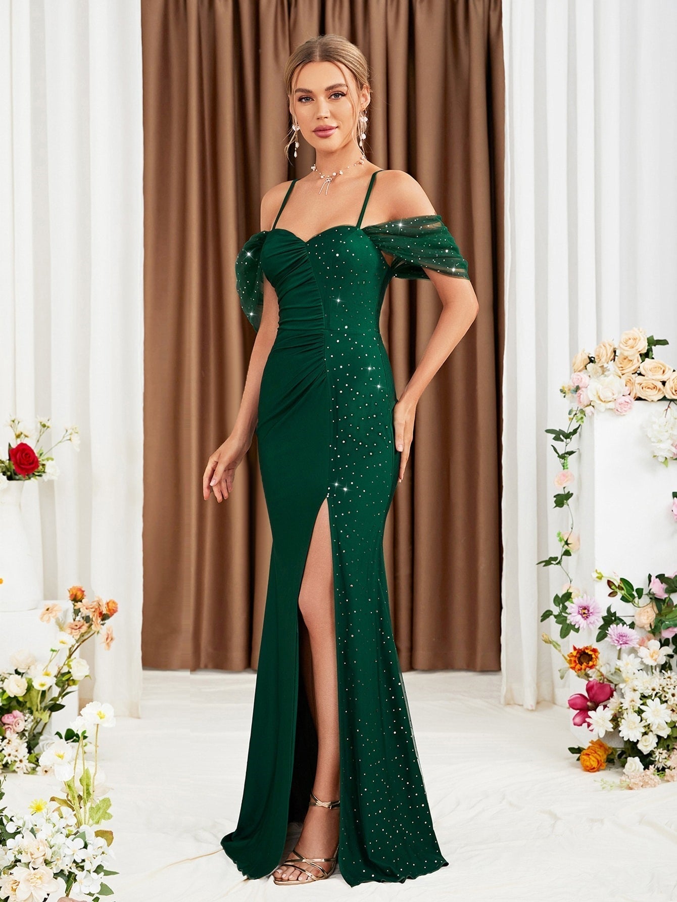 Off-Shoulder Sweetheart Ruched Mesh Insert High Slit Mermaid Gown
