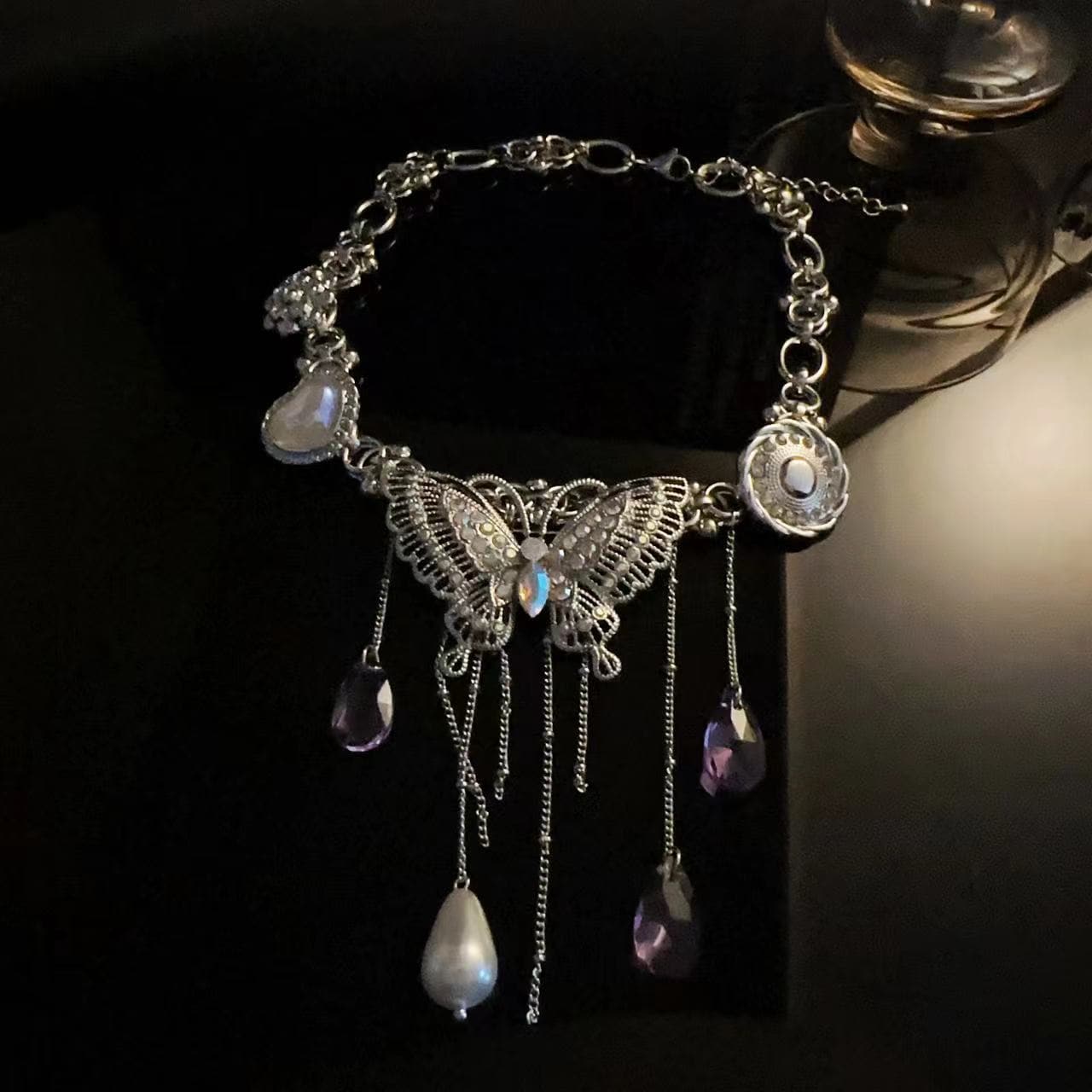 Purple crystal 2 pcs butterfly decor choker necklace