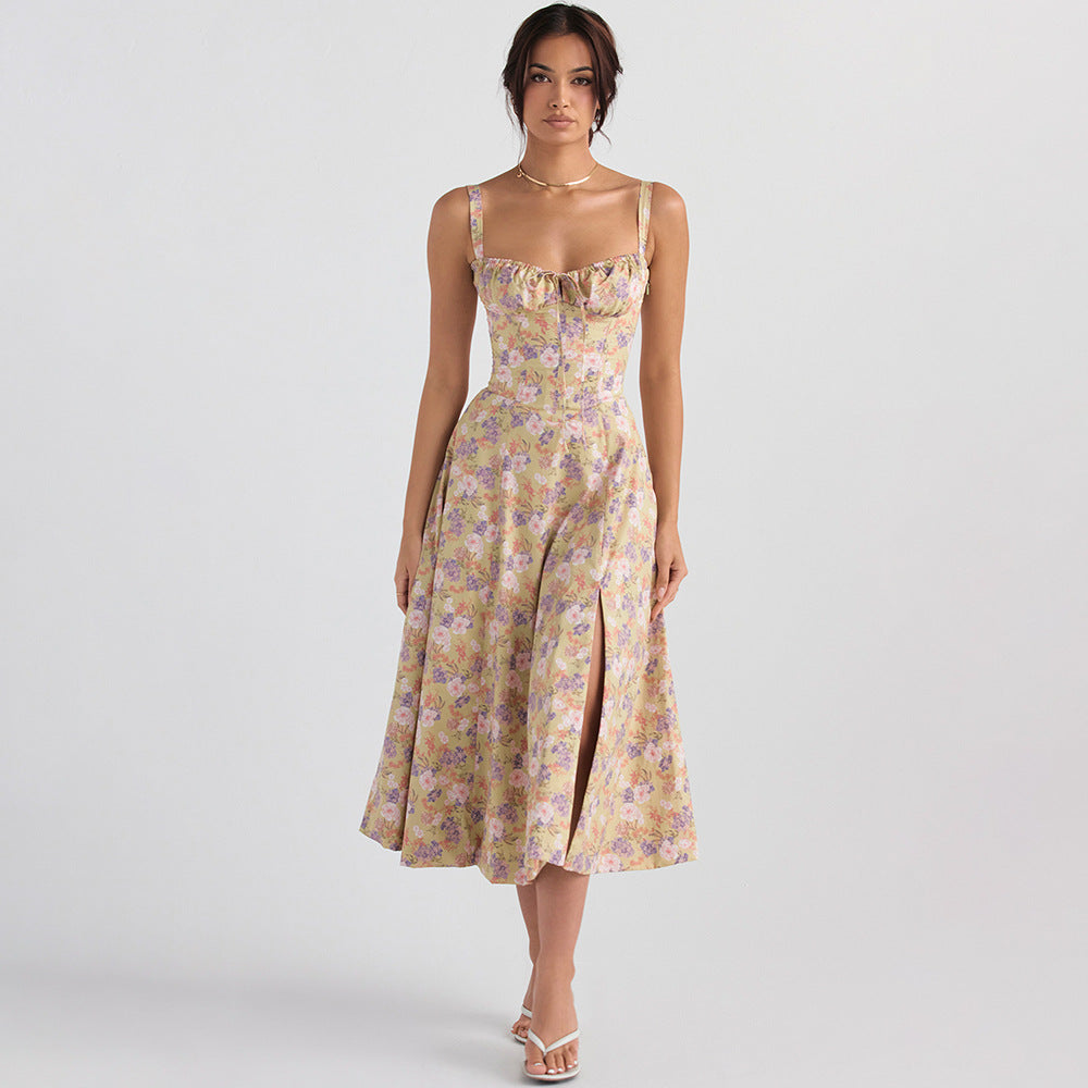 Floral Print Sweetheart Neck Tie Front Corset Bodice Fit And Flare Midi Dress