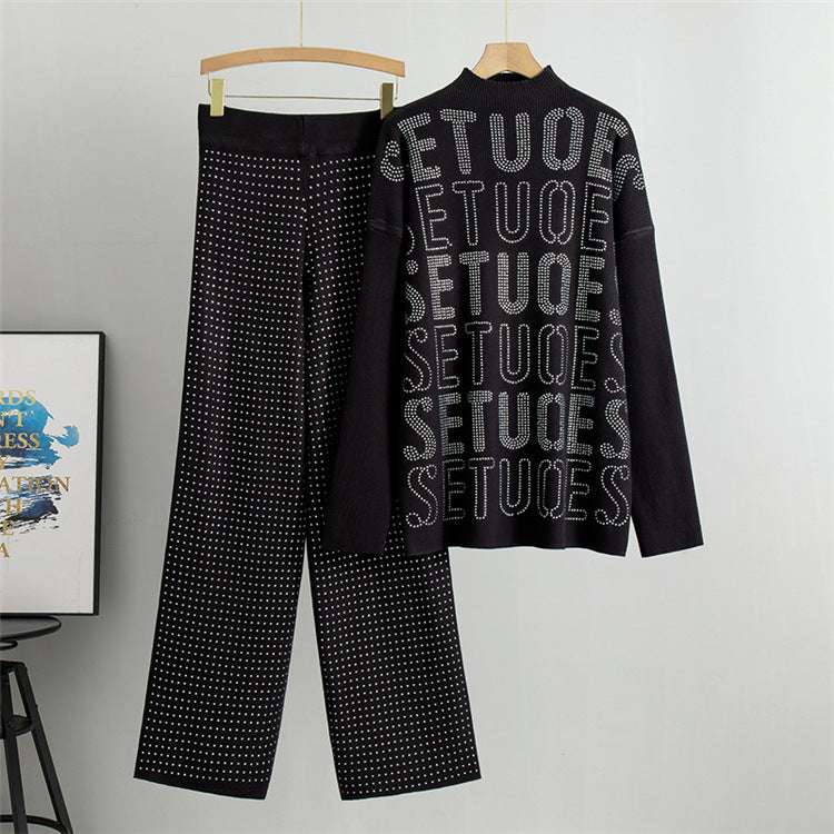 Black - Rhinestone Letter Casual Two Piece Set