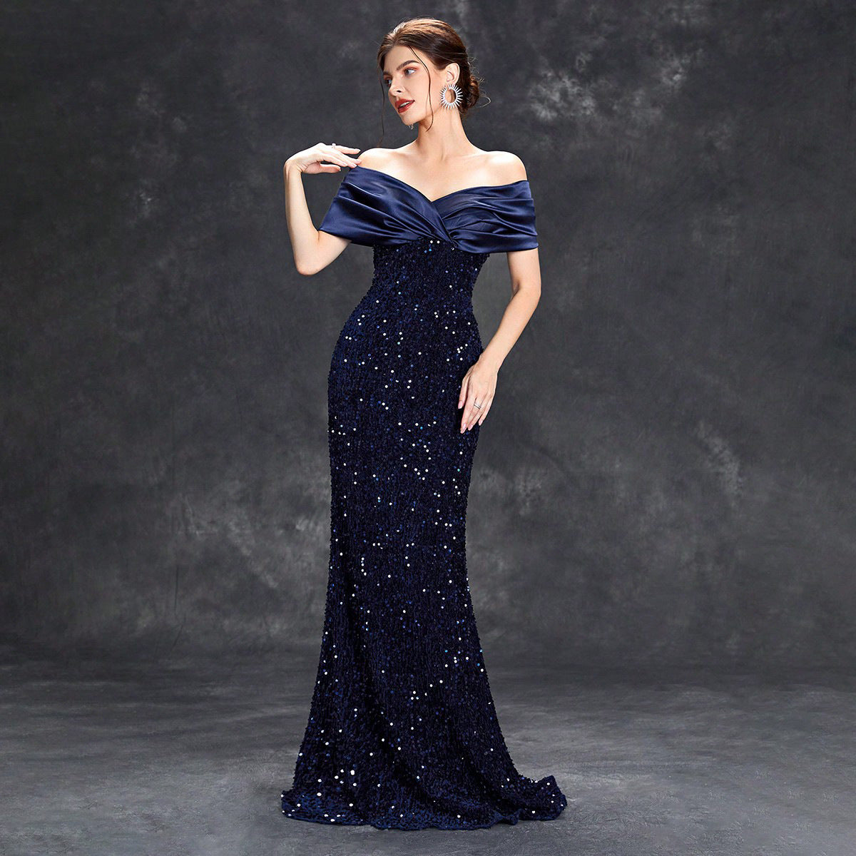 Off-Shoulder Satin Wrap Sequin Embellished Mermaid Maxi Gown