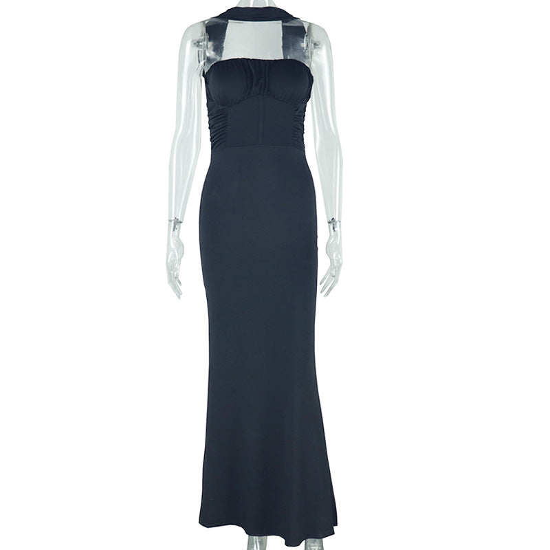 Ruched Bust Corset Seam Halter Choker Strap Bodycon Midi Dress