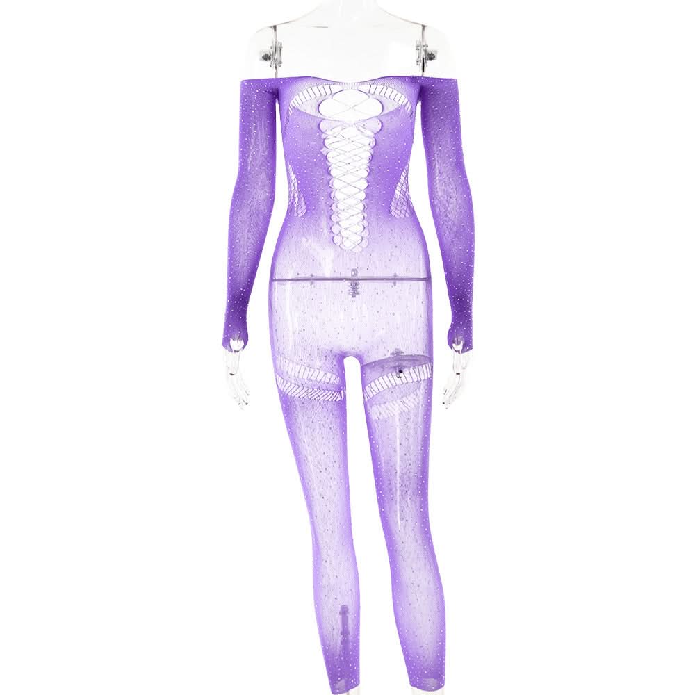 Off shoulder long sleeve beaded hollow out jumpsuit