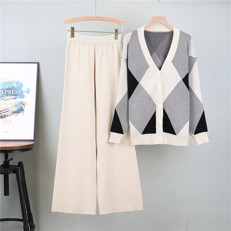 Apricot - Knitted Cardigan Fashion Two Piece Set