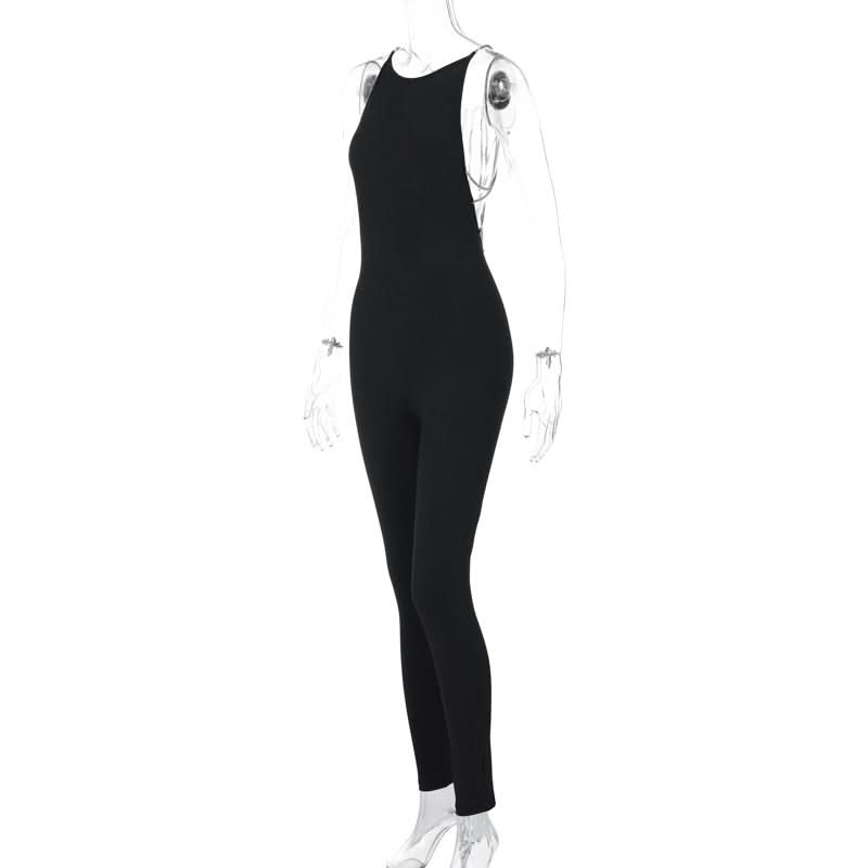 Round neck beaded backless solid jumpsuit