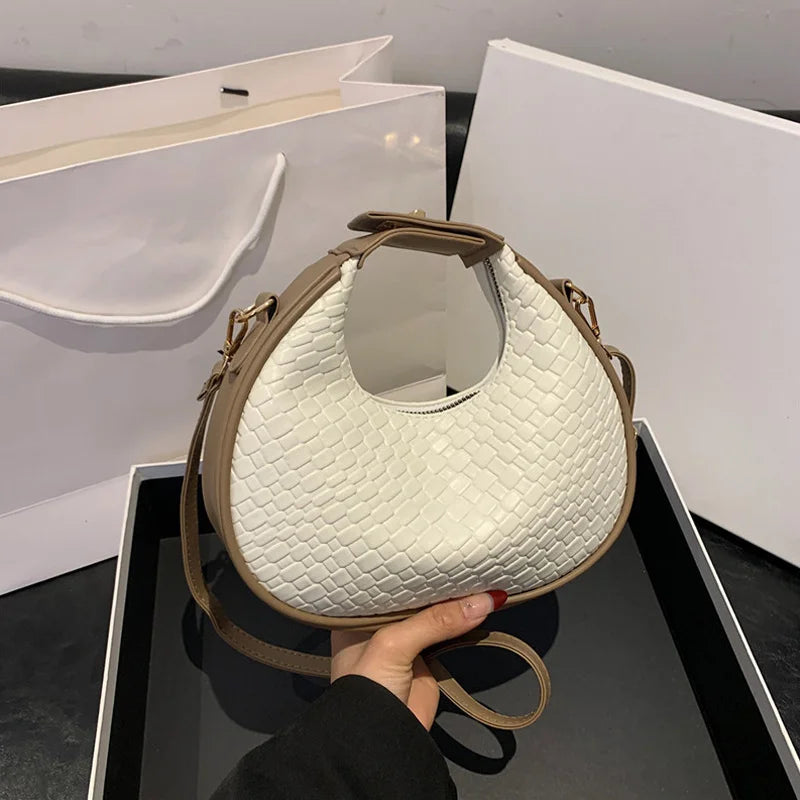 Solid Color PU Leather Lattice Crossbody Handbag