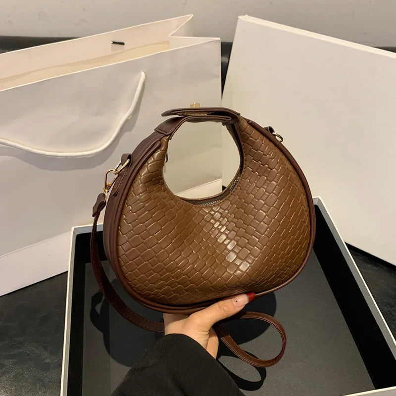 Solid Color PU Leather Lattice Crossbody Handbag