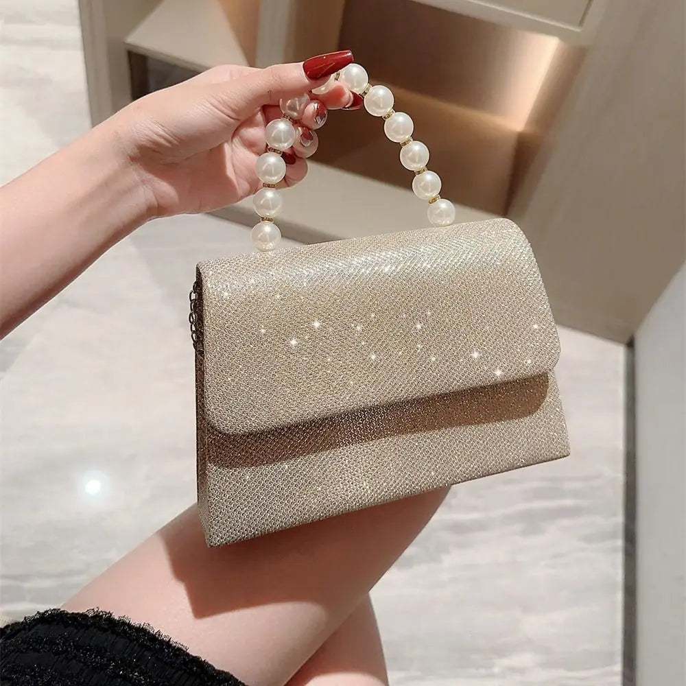Silk Evening Clutch Gold Pearl Chain Bag