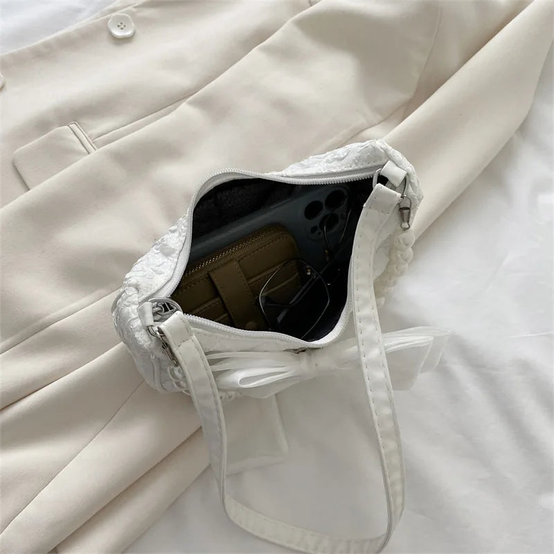 Pearl Bow Crossbody Canvas Shoulder Handbag