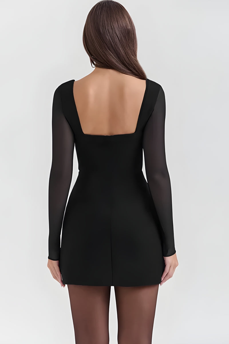 Sweetheart Neck Sheer Long Sleeve Plunge Neck Bodycon Mini Dress