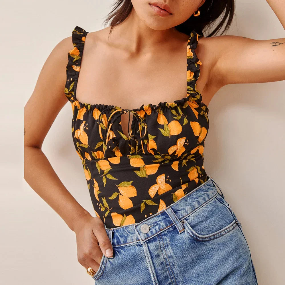 Polka Dot Square Neck Tie Sleeveless Frill Strap Smocked Fitted Sexy Crop Top