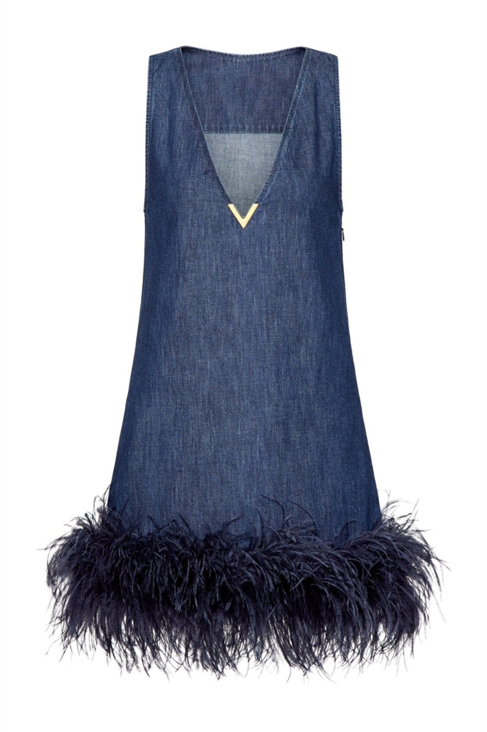Poppa Feather Trim Denim Mini Dress