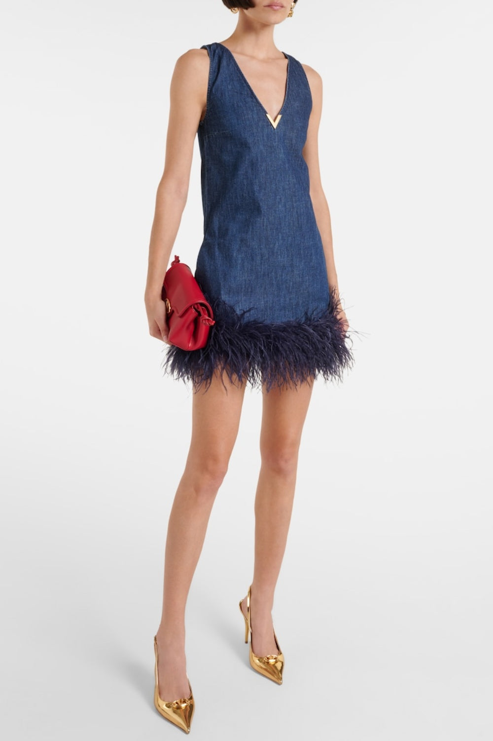 Poppa Feather Trim Denim Mini Dress