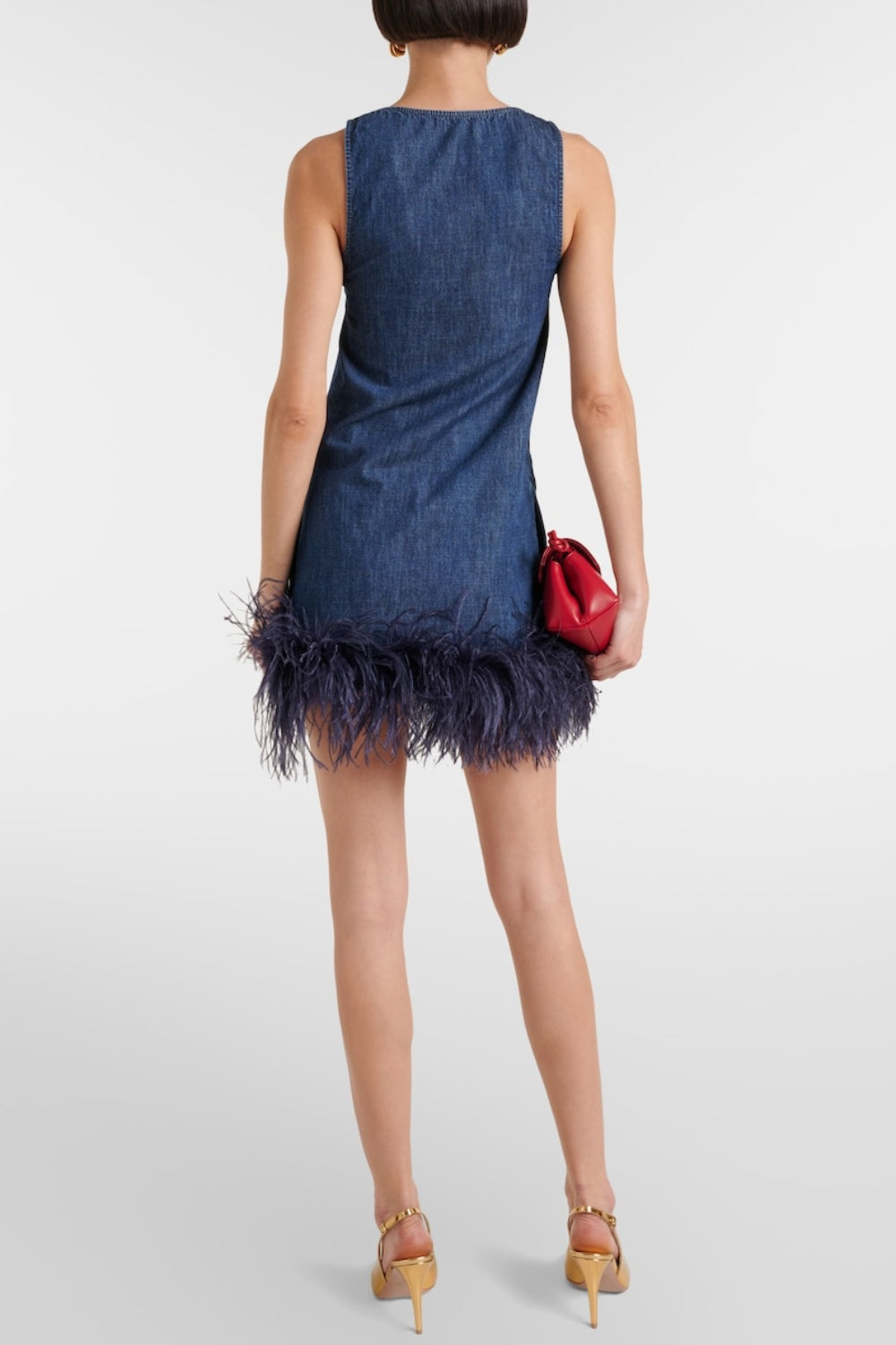 Poppa Feather Trim Denim Mini Dress