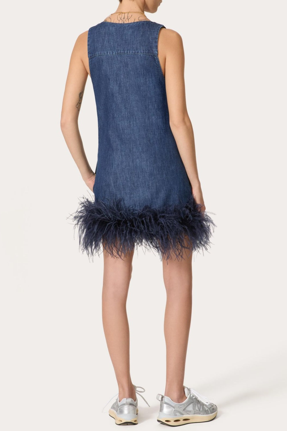 Poppa Feather Trim Denim Mini Dress
