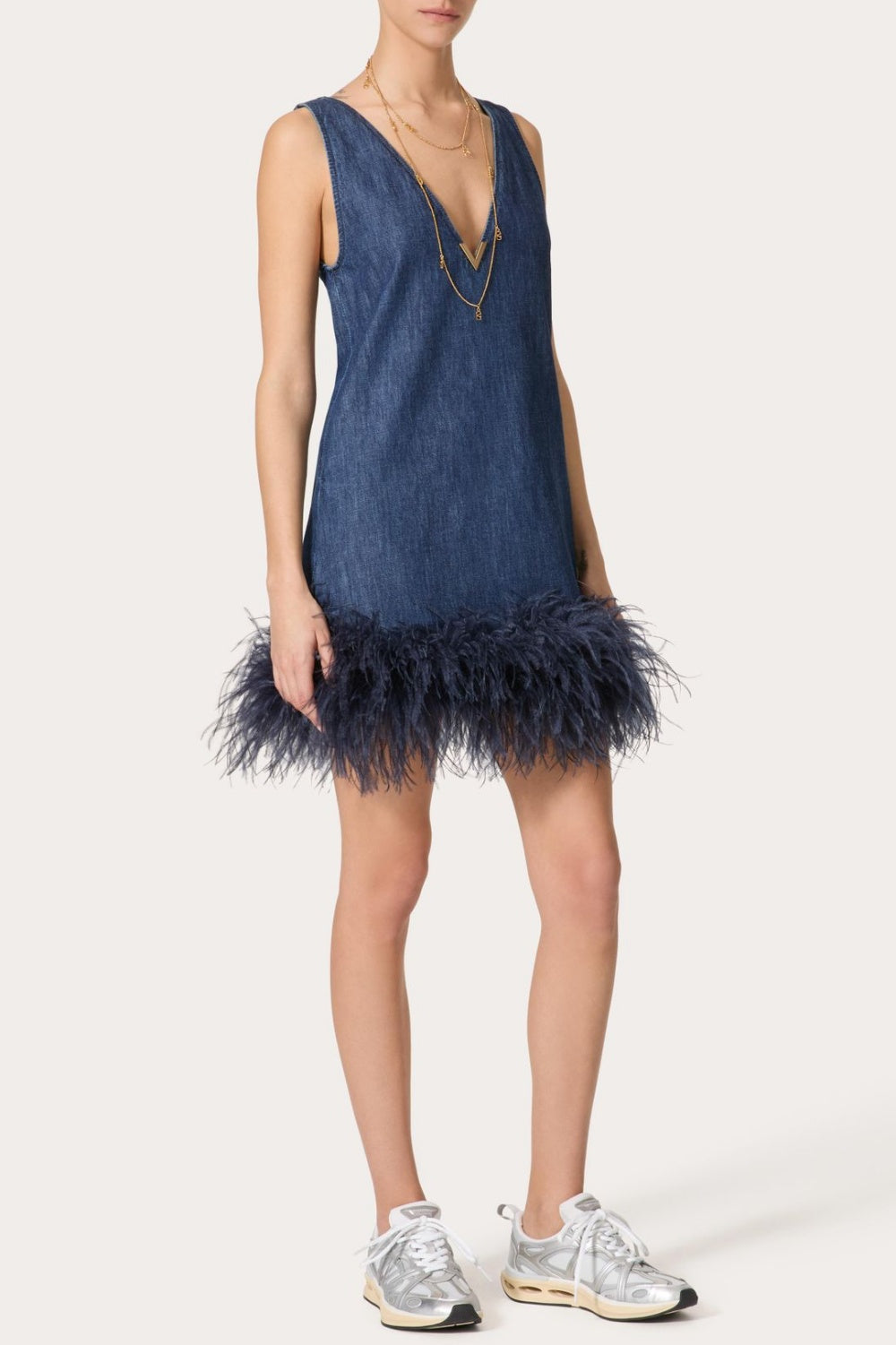 Poppa Feather Trim Denim Mini Dress