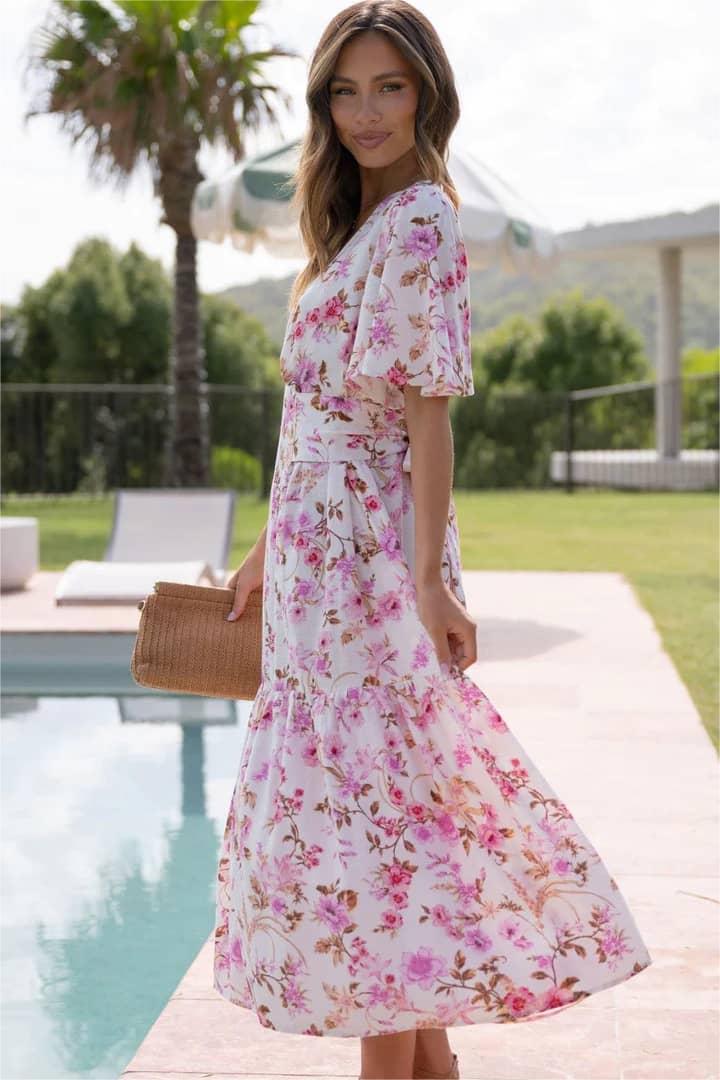 Floral V-Neck Mid Sleeve Midi Dress