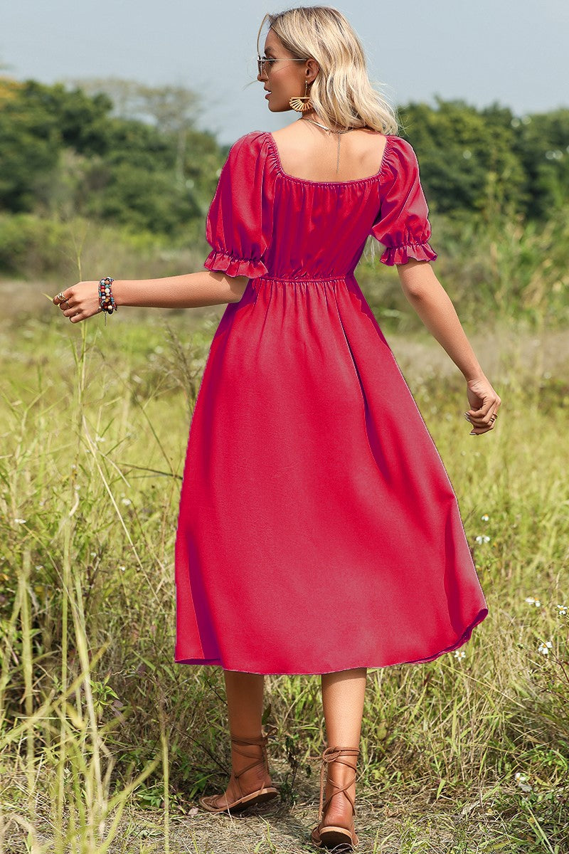 Puff Sleeve Bow Knot Midi Dress Red