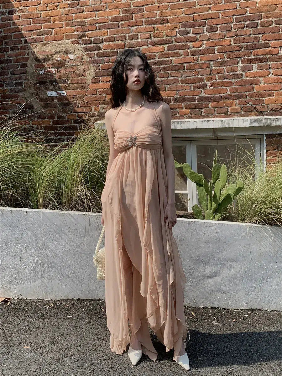 Halter Ruched Star Brooch Tiered Ruffle Chiffon Maxi Dress