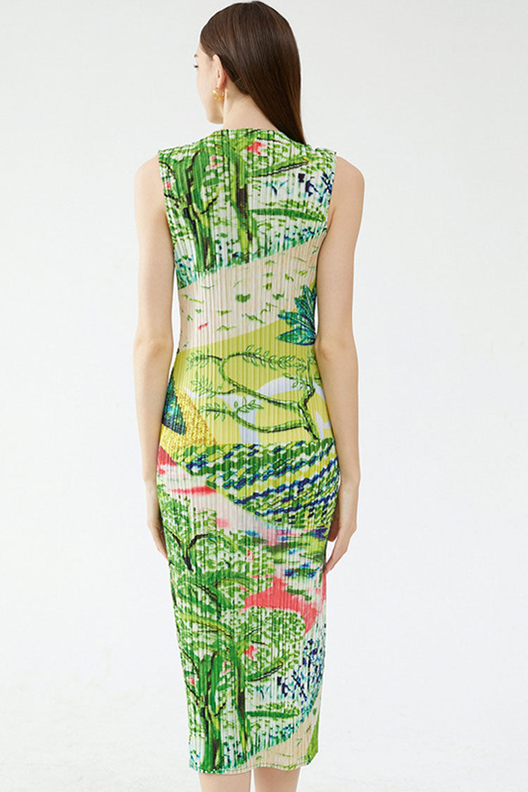 V-Neck Sleeveless Plisse Pleated Landscape Print Midi Dress