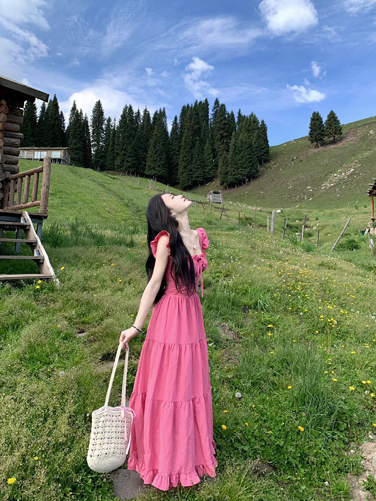 Raspberry Pink Backless Tiered Dress Fairycore Sundress