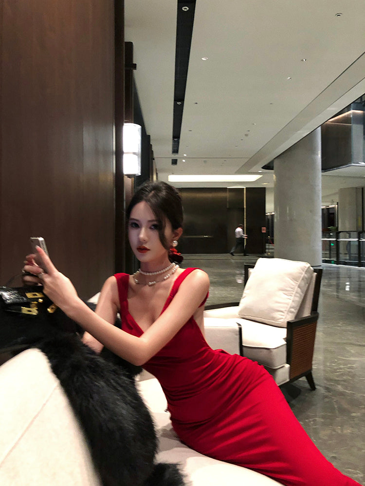 Red Bow Backless Maxi Dress Christmas & Birthday Party Showstopper