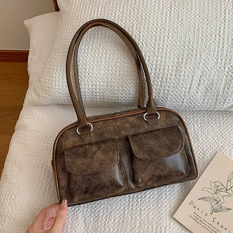 Retro Double Pockets Small Shoulder Bag