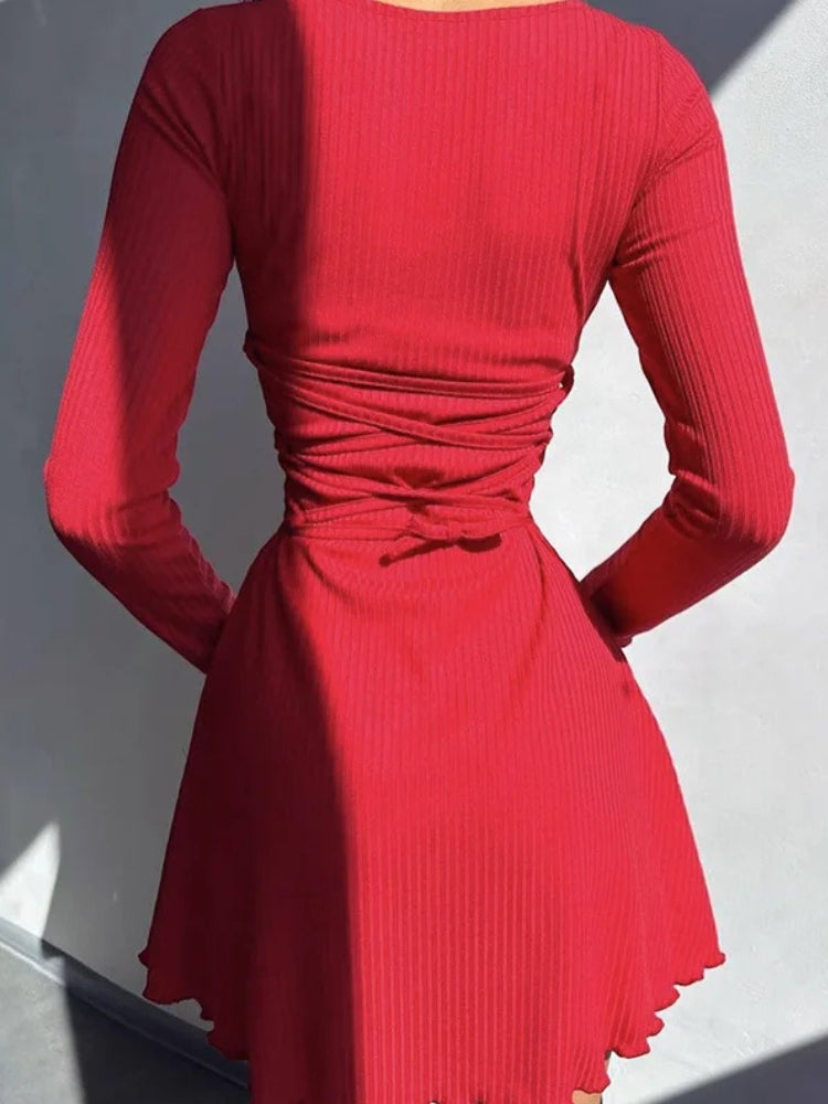 Ribbed Knit Crew Neck Lettuce Hem Long Sleeve Bodycon Mini Dress