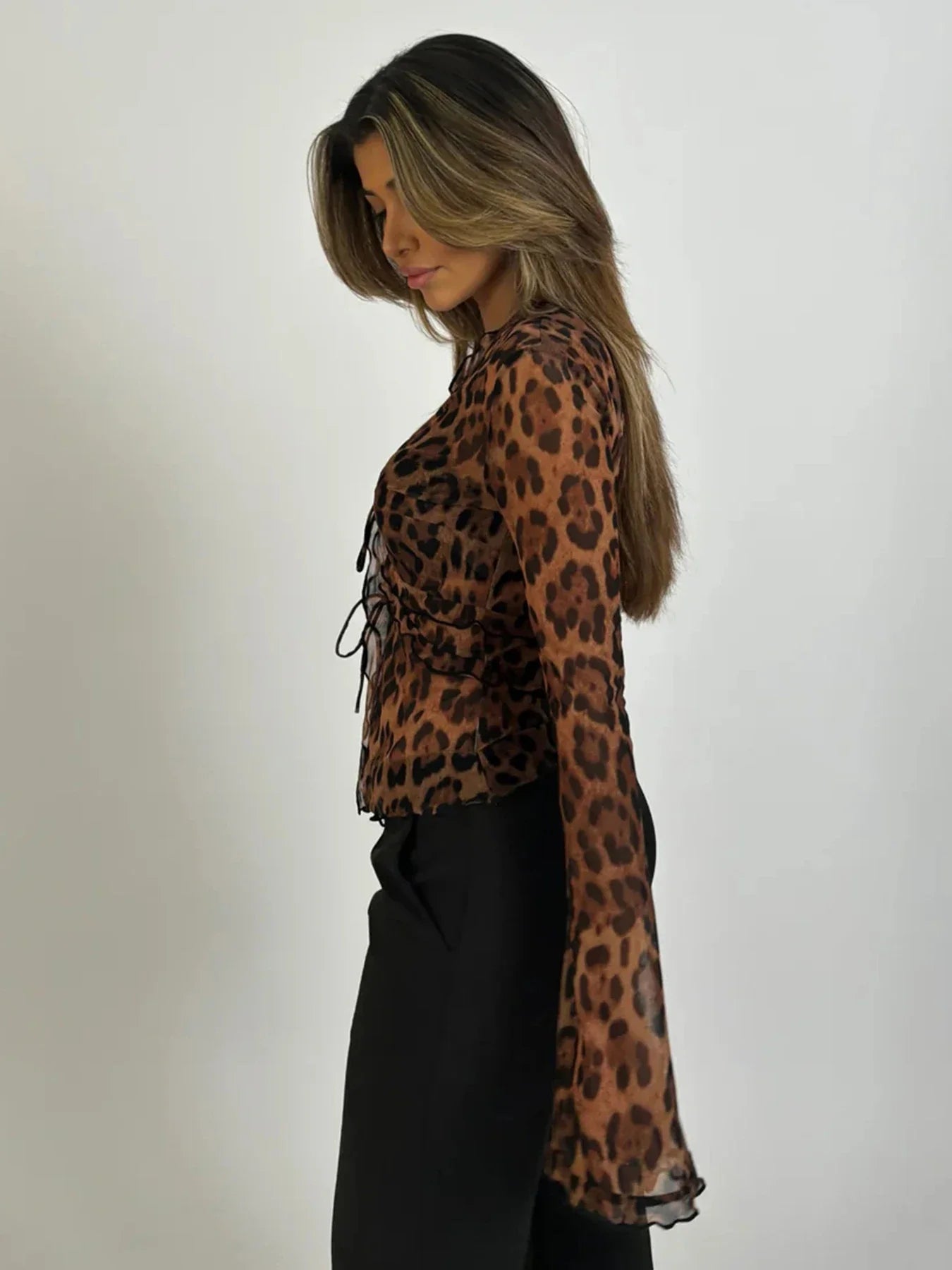 Leopard Mesh See-Through Tie-Front Blouse