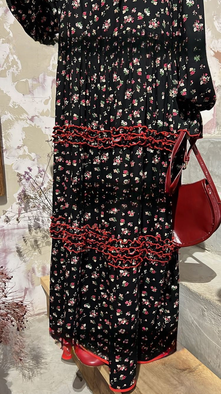 Romantic Soirée Floral Long Sleeve Dress Soft Cotton Vintage Style Maxi Gown Flowy Floral Dress