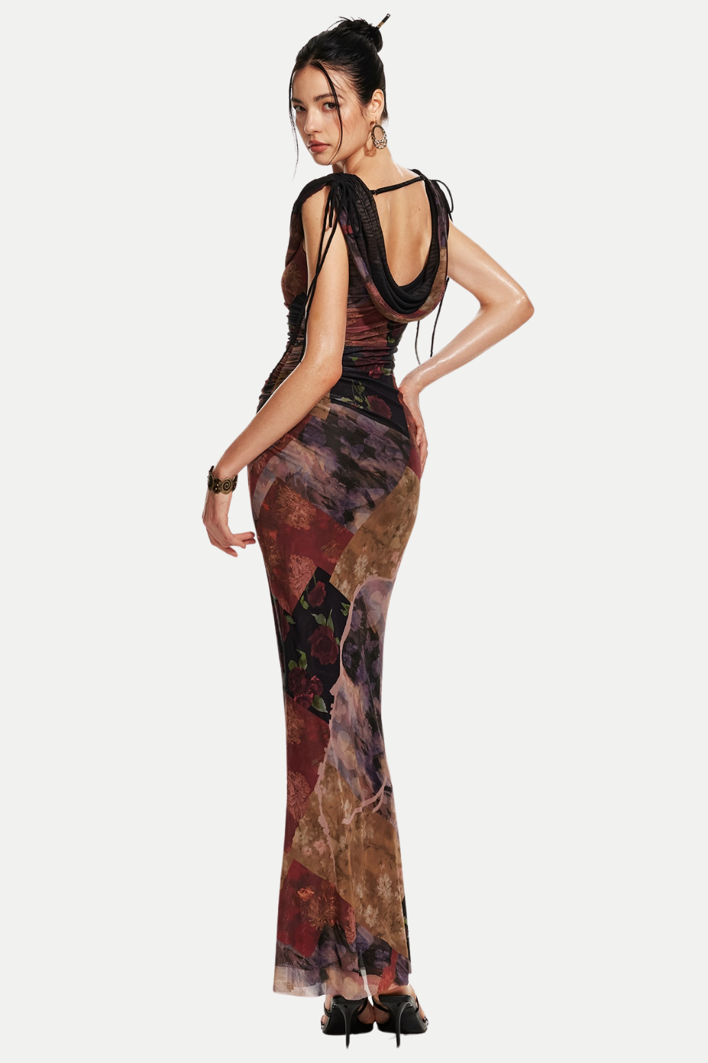 Rosala Print Mesh Off Shoulder Maxi Dress