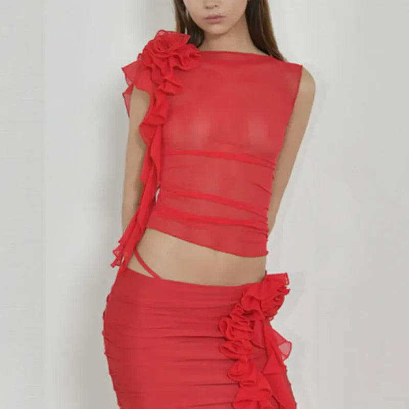 Ruffles Floral Mesh Sheer Chic Elegant See Through Slim Crop Top