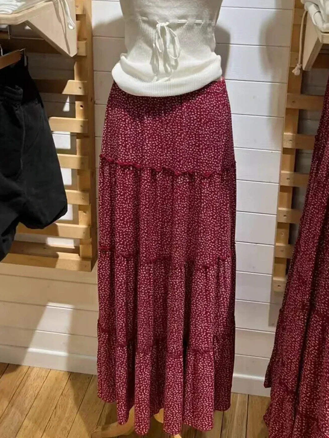 Ruffled Floral Red High Waist A-Line Skirt