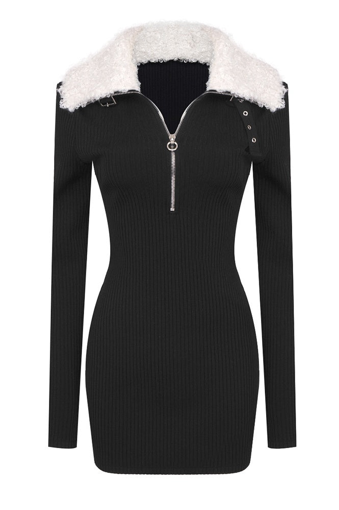 Rylee Fluffy Collared Zip Knit Mini Dress