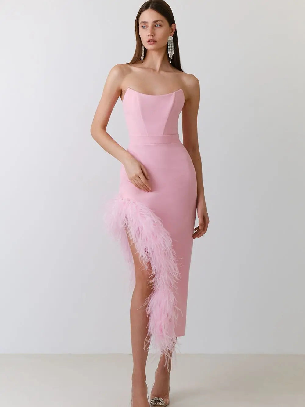 Feather Trim Corset-Boned Sweetheart Strapless High Slit Bodycon Midi Dress