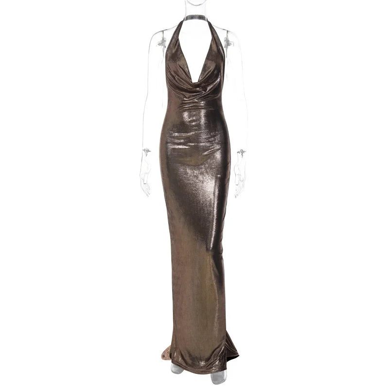 Halter Deep V Neck Metallic Shimmer Fishtail Maxi Gown