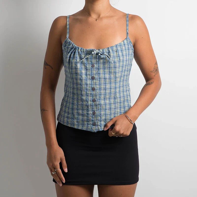 Y2K Plaid Print Sleeveless 00s Aesthetic Front Button Retro Backless Slim Fit Crop Top