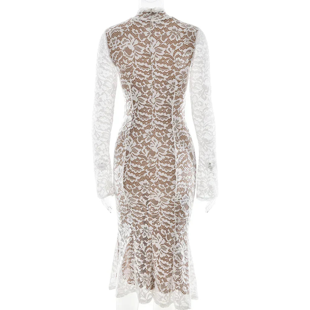 Floral Lace Mock Neck Long Sleeve Trumpet Hem Midi Dress