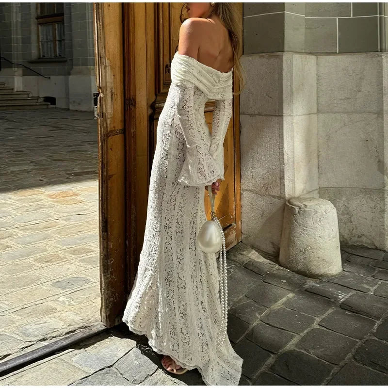 Sexy Hollow Out Lace Maxi Dress Female Backless See-Through Slim Lace-Up Bandeau Dress Women's White Luxury Long Dress New