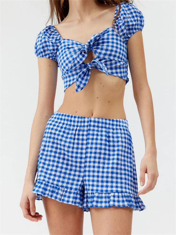 Plaid Print Knotted Short Sleeve T-shirt Crop Top with Elastic Waist Shorts Set