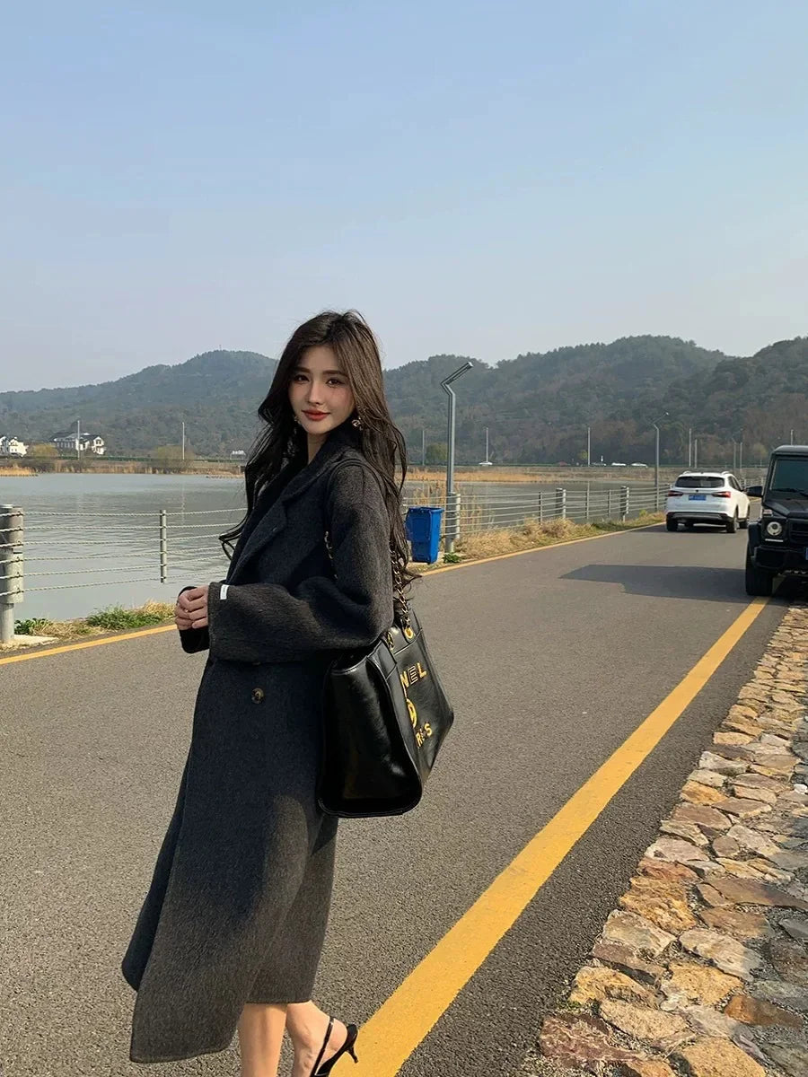 new Women Wool Blend Coat Solid Mid Long Woolen Blazer Thick Warm Blouse Women's Overcoat Office Lady Tops Autumn Winter