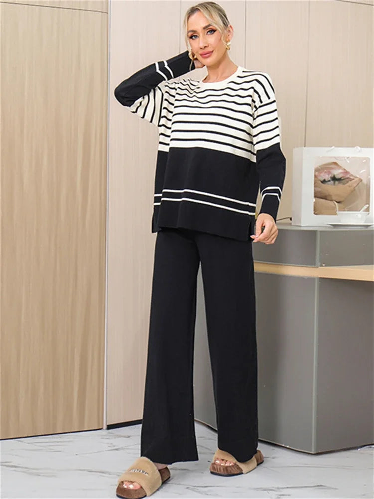 Black - Striped Knitted Loose Two Piece Set