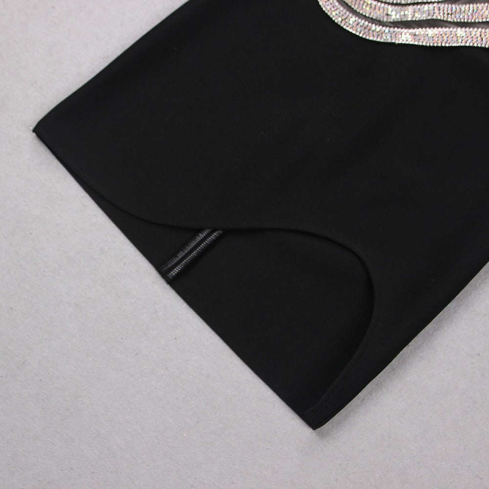 One Shoulder Single Sleeve Crystal Wave Cutout Mesh Insert High Slit Mini Dress