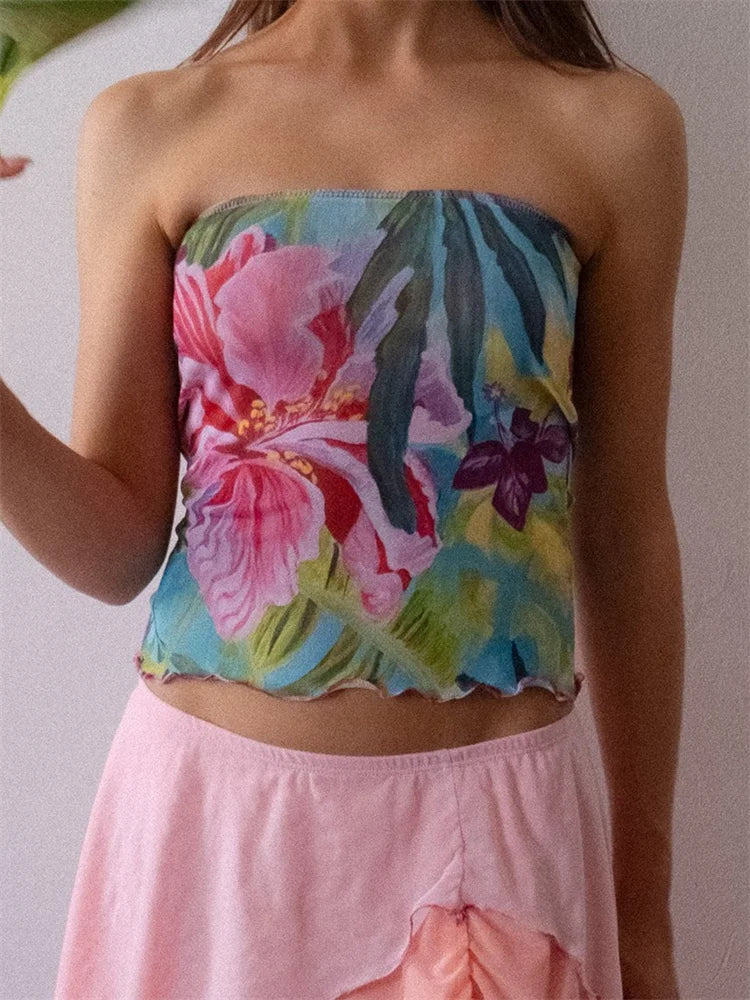 Flower Print Strapless Backless Tube Crop Top