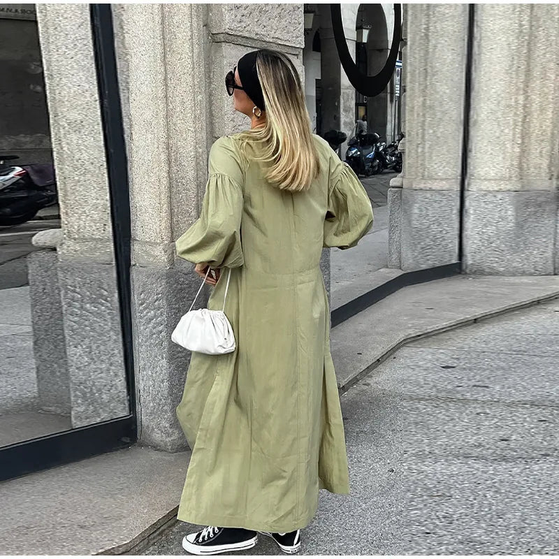 Casual Street Lace Up Long Dresses Women New Chic Loose V-neck Side Slit Solid Dress Female Summer Versatiel Street Party Robes